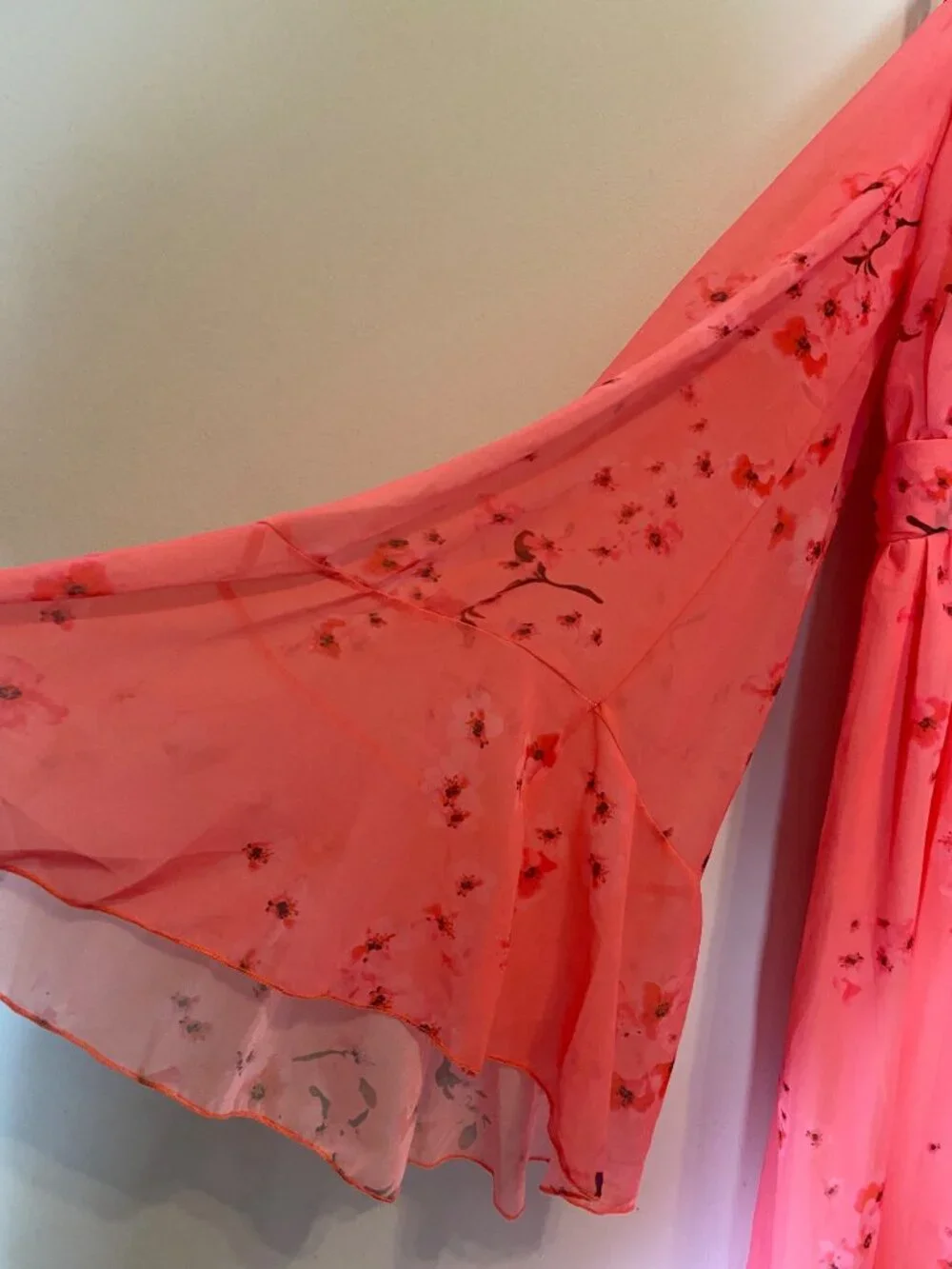 Floral Coral Pink Maxi Dress Sheer Bell Sleeves V-Neck Waist Tie XL - Picture 3 of 11